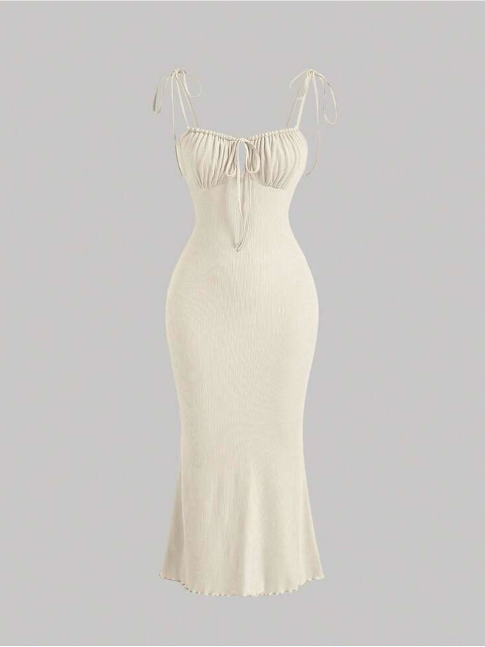 Cream Tie-Shoulder Ribbed Midi Dress